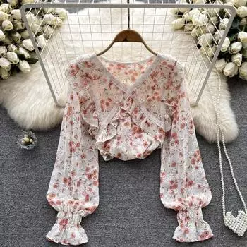 Осенний свободный универсальный топ с длинными рукавами и французским милым дизайном в форме листьев лотоса и цветочным принтом с рукавами-трубами