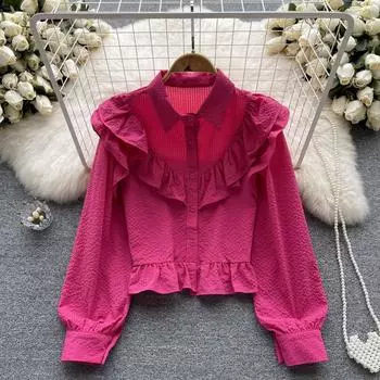 Осенний свободный универсальный топ с рукавами-фонариками в форме листьев лотоса и французским дизайном