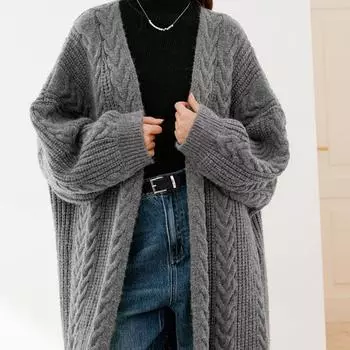Осенний свободный утолщенный теплый длинный кардиган пальто уличное пальто однотонный длинный рукав вязаный свитер пальто верхняя одежда в рубчик зима One Size розовый