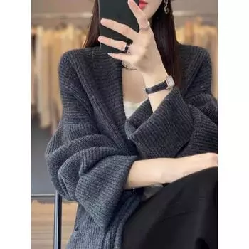 Осенний свободный вязаный кардиган с рукавами-крылышками One Size серый