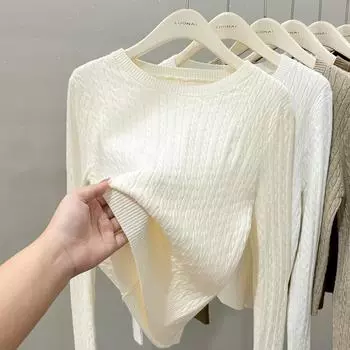 Осенний свободный вязаный свитер с длинным рукавом, женский модный зимний новый свитер с круглым вырезом, женские топы, облегающий однотонный повседневный трикотажный джемпер 25866 One Size красный