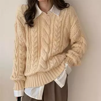 Осенний свободный вязаный свитер с круглым вырезом, женские винтажные повседневные пуловеры, женские зимние корейские джемперы с длинными рукавами, топы 28893 One Size абрикосовый