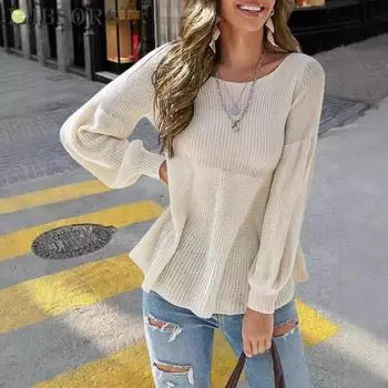 Осенний свободный вязаный свитер с завязками на шнурке и оборками по низу S бежевый