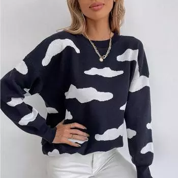 Осенний свободный вязаный свитер, женские джемперы с облачным принтом, женские свитера с длинными рукавами, зимние винтажные трикотажные изделия с круглым вырезом 28473 S чёрный