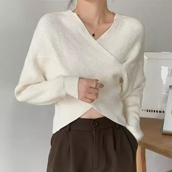 Осенний свободный женский вязаный свитер с v-образным вырезом, винтажные офисные женские пуловеры, свитера, женские зимние корейские нерегулярные трикотажные изделия 28576 One Size чёрный