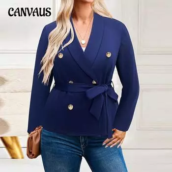 Осенний темперамент однотонный пиджак большого размера с длинными рукавами женский костюм с завязкой на талии 1XL темно-синий