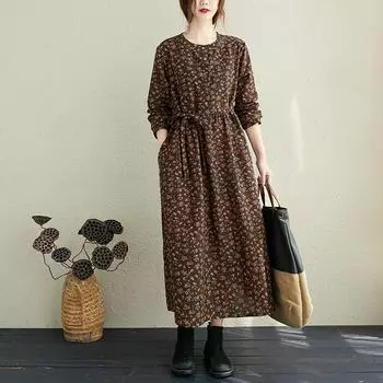 Осенний темперамент ретро хлопковое и льняное платье с цветочным принтом больших размеров, литературная свободная юбка средней длины XXXL синий