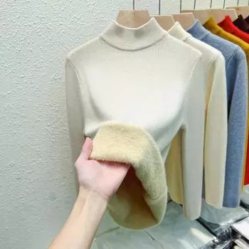 Осенний теплый бархатный вязаный женский свитер, повседневный зимний новый утолщенный полувысокий воротник, базовый пуловер, свитера, элегантный однотонный тонкий плюшевый трикотаж 25206 S чёрный