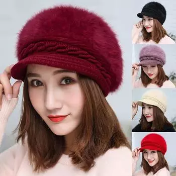 Осенний теплый берет-капот, повседневная толстая шапка, мешковатая шапка из кроличьего меха, однотонная шапка, женская зимняя женская вязаная крючком шапочка с черепами для девочек розовый