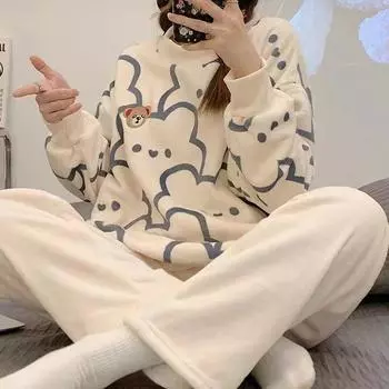 Осенний теплый комплект из двух предметов с круглым вырезом и длинными рукавами, женская плюшевая домашняя одежда, женская милая пижама с принтом для девочек XXL
