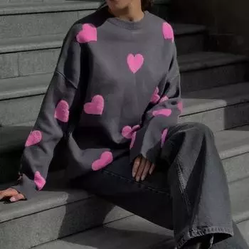 Осенний теплый вязаный пуловер с длинными рукавами, свитер, зимний повседневный джемпер с вышивкой «Любовь», модные женские свободные топы с круглым вырезом 29613 S серый