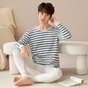 Осенний термокостюм из чистого хлопка для юношей - легкое длинное нижнее белье ink splash; M/165 тёмно-синий