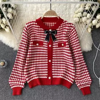 Осенний толстый клетчатый вязаный свитер для тяжелой промышленности, кардиган с небольшим ароматом и бантом, женская куртка