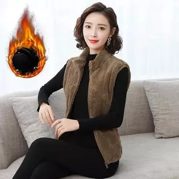 Осенний тонкий флисовый жилет для женщин среднего возраста, теплая короткая куртка из кораллового бархата с двухсторонней молнией, безрукавка 4XL XS чёрный