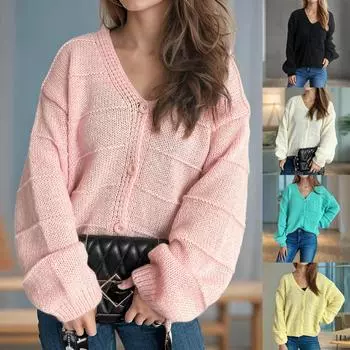 Осенний тонкий ленивый топ с V-образным вырезом, однотонный вязаный кардиган, женский повседневный свитер с рукавами-фонариками L чёрный