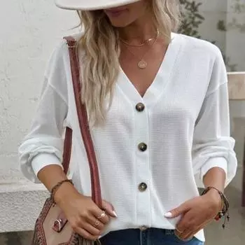 Осенний тонкий повседневный трикотаж, однотонный вязаный кардиган на пуговицах с v-образным вырезом, женский свободный тонкий свитер с длинными рукавами, офисное женское пальто 28756 S белый
