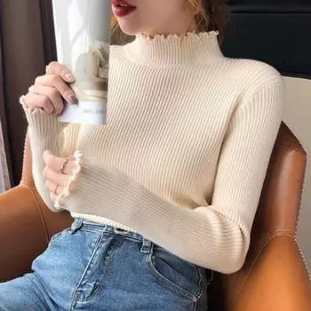 Осенний тонкий приталенный свитер с высоким воротом и длинным рукавом, женский повседневный теплый вязаный свитер с основой, женский однотонный модный зимний трикотаж 24852 One Size чёрный