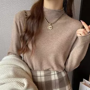 Осенний тонкий свитер-пуловер с однотонной основой для женщин, зимний свитер с длинным рукавом и высоким воротом, элегантный повседневный трикотаж для женщин 24843 One Size чёрный