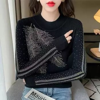 Осенний тонкий свитер с длинными рукавами, женские модные вязаные пуловеры со стразами, женские зимние трикотажные изделия 29436 One Size чёрный