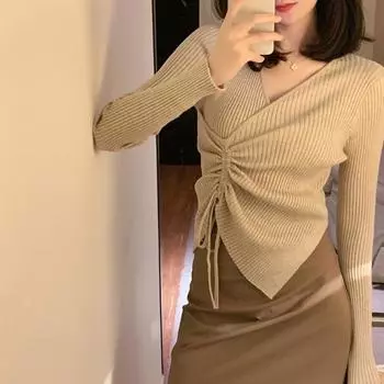 Осенний тонкий вязаный свитер с V-образным вырезом и завязками, женский модный длинный рукав, базовые пуловеры, женские свитера, зимние топы, облегающие повседневные женские джемперы 25819 One Size чёрный