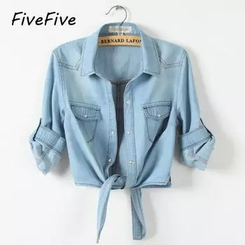 Осенний топ FiveFive с шалью и короткими рукавами, тонкая джинсовая рубашка, солнцезащитная рубашка с узлом, свободные короткие футболки XS