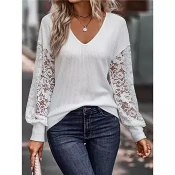 Осенний топ с кружевными рукавами в стиле пэчворк, повседневная однотонная свободная рубашка с длинными рукавами для женщин, футболки женские M чёрный