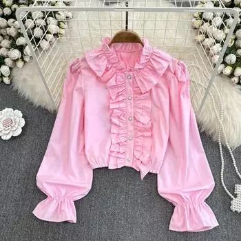 Осенний топ в корейском стиле с нежным ветровым воротником-стойкой и листом лотоса, свободная рубашка с длинными рукавами и рогом, женская рубашка