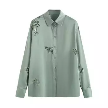 Осенний товар Женская повседневная свободная рубашка с лацканами и длинными рукавами для тяжелой промышленности с вышивкой Вышитые брюки XL