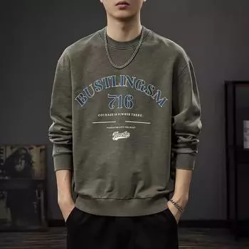 Осенний тяжелый бамбуковый хлопок стираный свитер мужской американский ретро-принт с длинными рукавами свободная хлопковая нижняя рубашка Tide M серый