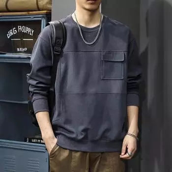 Осенний тяжелый полированный трикотажный свитер мужской американский свободный трендовый дизайн инструментальный топ M серый