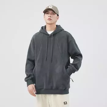 Осенний тяжелый повседневный свитер с капюшоном, мужской, американский модный бренд, однотонный свободный пуловер с капюшоном, парное пальто, тренд M темно серый