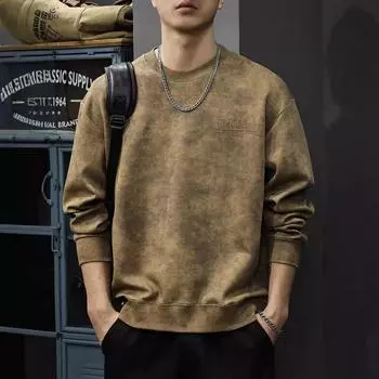 Осенний тяжелый ретро-свитер с принтом, мужская американская модная брендовая свободная рубашка с длинными рукавами и круглым вырезом большого размера M хаки