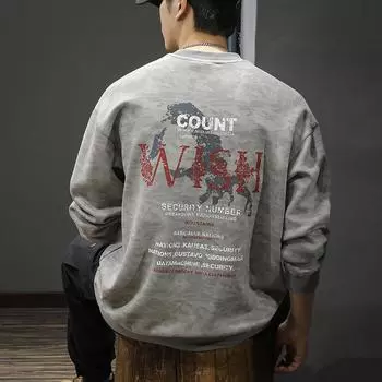 Осенний тяжелый ретро замшевый камуфляжный свитер мужской свободный большой размер американский модный бренд повседневная круглая горловина с длинными рукавами футболка S