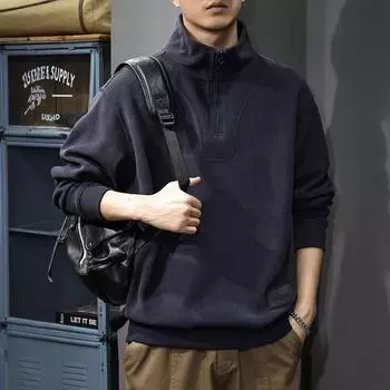 Осенний тяжелый свитер Chenier Bar, мужская американская свободная рубашка поло большого размера с застежкой-молнией и воротником-стойкой с длинным рукавом M серый