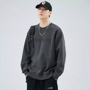 Осенний тяжелый свитер с круглым вырезом, мужской модный бренд, американский стальной штамп, свободный повседневный пуловер с длинным рукавом, простой мужской топ M темно-серого