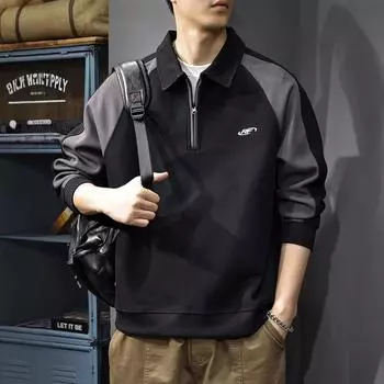 Осенний тяжелый свитер с полумолнией и лацканами, мужская свободная повседневная куртка в стиле американское ретро с длинными рукавами, рубашка-поло Tide M чёрный