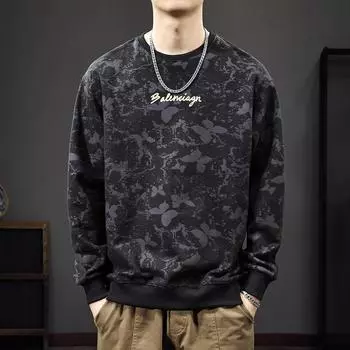 Осенний тяжелый замшевый свитер мужской американский модный бренд бабочка темный узор длинный рукав свободный круглый вырез вышитый топ M чёрный