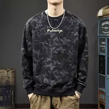 Осенний тяжелый замшевый свитер мужской американский модный бренд бабочка темный узор длинный рукав свободный круглый вырез вышитый топ M чёрный