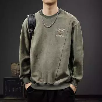 Осенний тяжелый замшевый свитер, мужской, американский модный бренд, сшитый, вышитый, свободный, большого размера, с круглым вырезом, повседневная куртка M армия зеленый