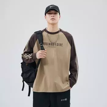 Осенний тренд, футболка с длинным рукавом и тремя полосками, мужская свободная, большого размера, с круглым вырезом, свитер, тренд на весну и осень M