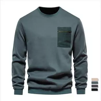 Осенний тренд с длинными рукавами, мужской свободный повседневный свитер с круглым вырезом и карманом на молнии, размер плюс XXL чёрный