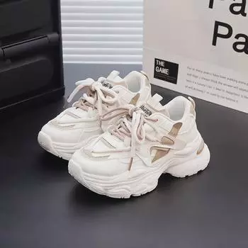 Осенний тренд: женские туфли для пап на толстой подошве: Универсальные белые кроссовки с двойным ремешком и дизайном, увеличивающим рост, для повседневных занятий спортом. 35 бежевый