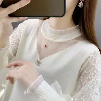 Осенний трикотаж, женские кружевные рукава из пряжи, полувысокий воротник, толстовка с капюшоном, модный свитер в стиле вестерн, женские нижние рубашки one size белый