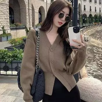Осенний трикотажный свитер с V-образным вырезом и длинным рукавом, куртка для женщин, зимняя новая элегантная короткая кофта на пуговицах, кардиганы для женщин, повседневный свободный трикотажный топ 25394 One Size белый