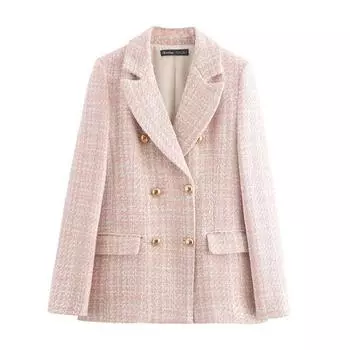 Осенний твидовый пиджак для женщин, модный повседневный деловой элегантный рабочий костюм с открытым передом и верхним карманом, женский твидовый пиджак XS розовый