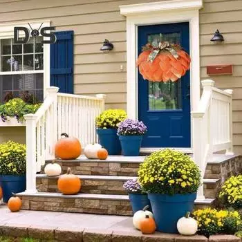 Осенний тыквенный венок, гирлянда из мешковины из тыквы с бантами, настенная вешалка для входной двери, крыльца дома, осенний декор на День благодарения 1pc