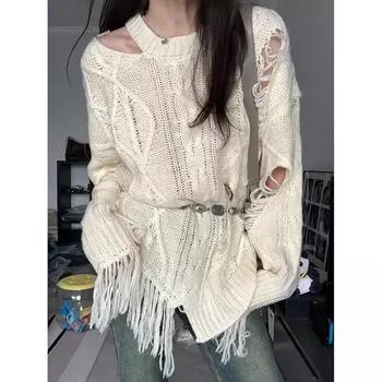 Осенний уличный рваный сексуальный вязаный свитер с открытыми плечами для женщин с длинным рукавом больших размеров, повседневные свитера-пуловеры для женщин, элегантные однотонные свободные трикотажные изделия 24782 One Size