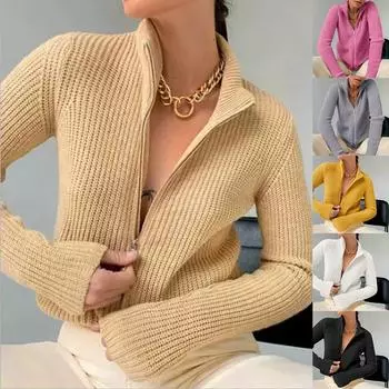 Осенний утепленный вязаный кардиган на молнии для женщин, зимний короткий свитер, кардиган, женская полуводолазка, свободная верхняя одежда S серый