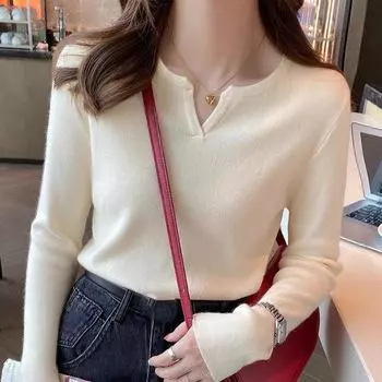 Осенний V-образный вырез, однотонный, с длинным рукавом, вязаный свитер, женские топы, осенний облегающий теплый пуловер, свитера, женская элегантная повседневная зимняя одежда 24860 One Size чёрный