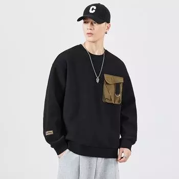 Осенний вафельный круглый вырез черный свитер мужской свободный большой размер одежда американский повседневный хулиган красивый топ модный бренд M чёрный